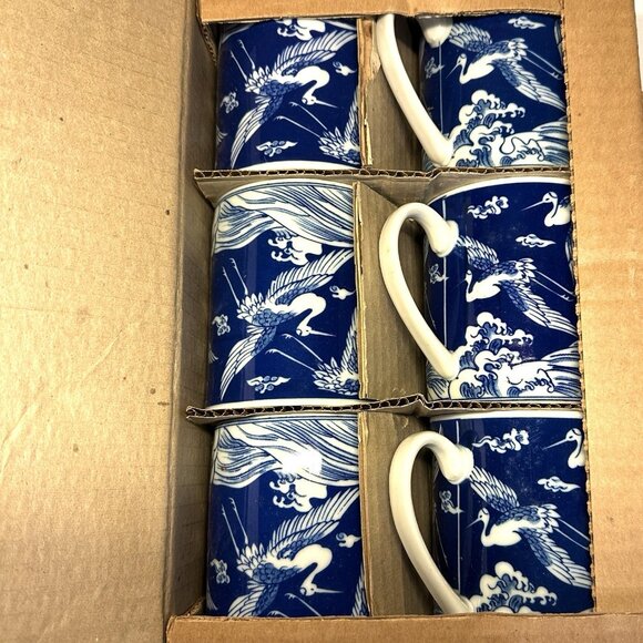 Set of 6 Japanese  Blue White Tsuru Crane Coffee Mugs Cups New in Box - Picture 1 of 7